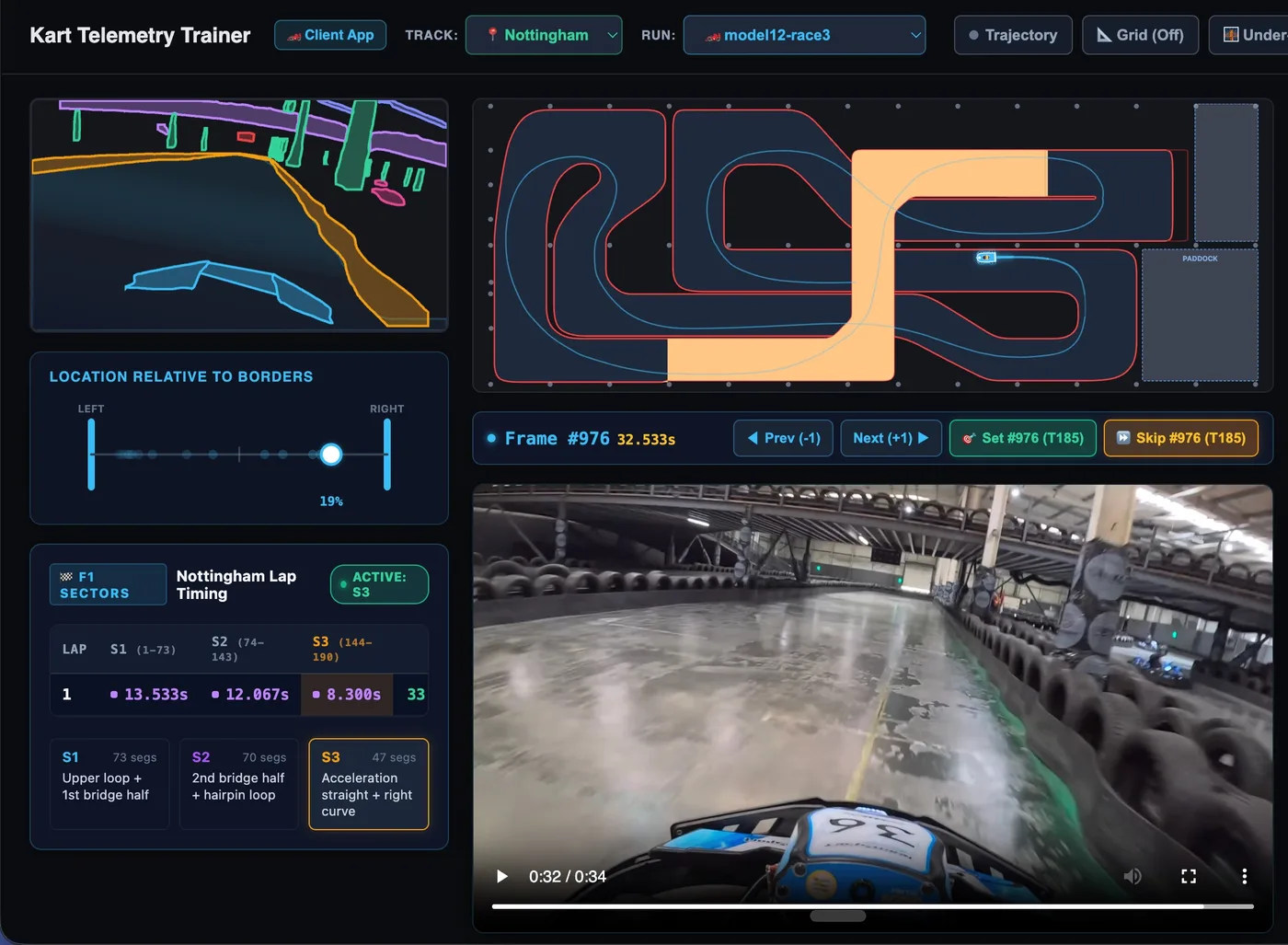 Kimb'y Racing prototype interface showing track position, lap data and onboard camera footage.