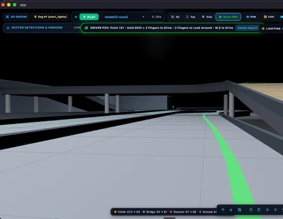 Driver-level prototype view showing a racing line through the reconstructed track.